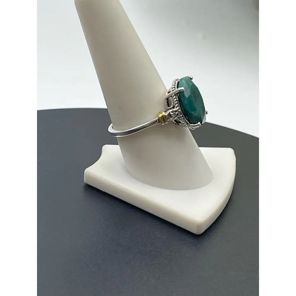 Designer Signed Sterling 925 India YS Natural Green Faceted Prong Beryl Ring‎ 9